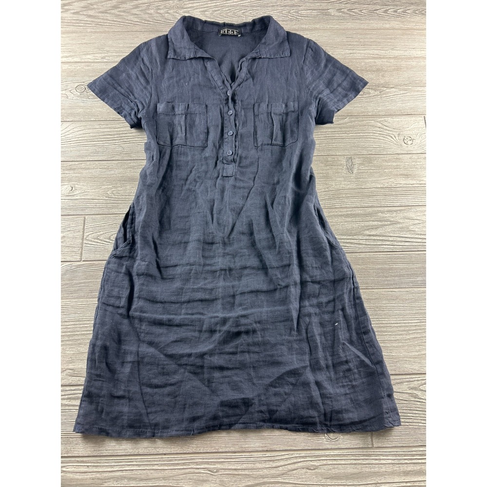ELLE Linen Short Sleeve Collared Button Shirt Dress Regular Size XS Linen Navy